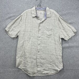 True Grit‎ Shirt Mens Large Tan Khaki Check Short Sleeve Surf Beach Resort Linen